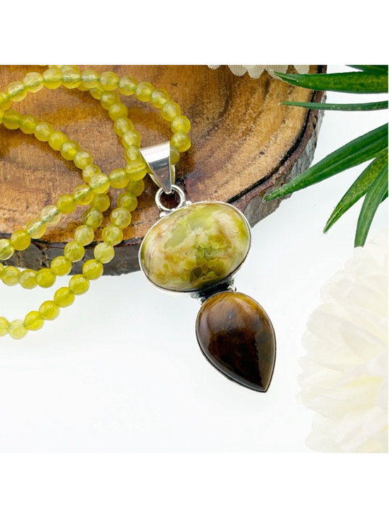 Southwest Jewelry - Green Opal & Tiger's Eye Pendant Necklace Southwest Boho 925 Sterling Silver New